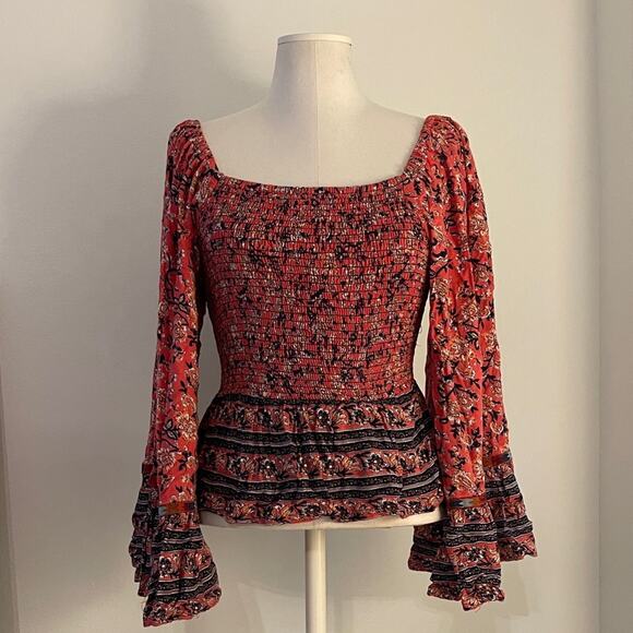 Angie Women’s Boho Floral Smocked Peasant Top Poet Blouse Flared Sleeve | Size M - Picture 1 of 7